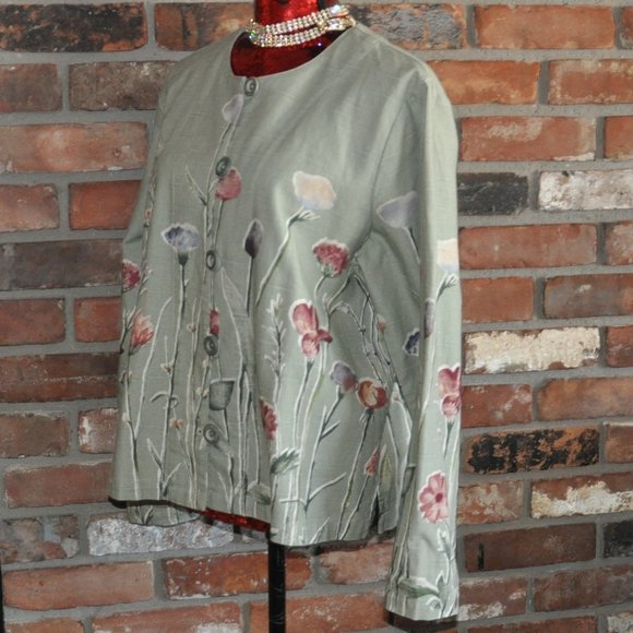 Coldwater Creek Sage Green Botanical Floral Print Button Up Jacket Coat L - Picture 5 of 8
